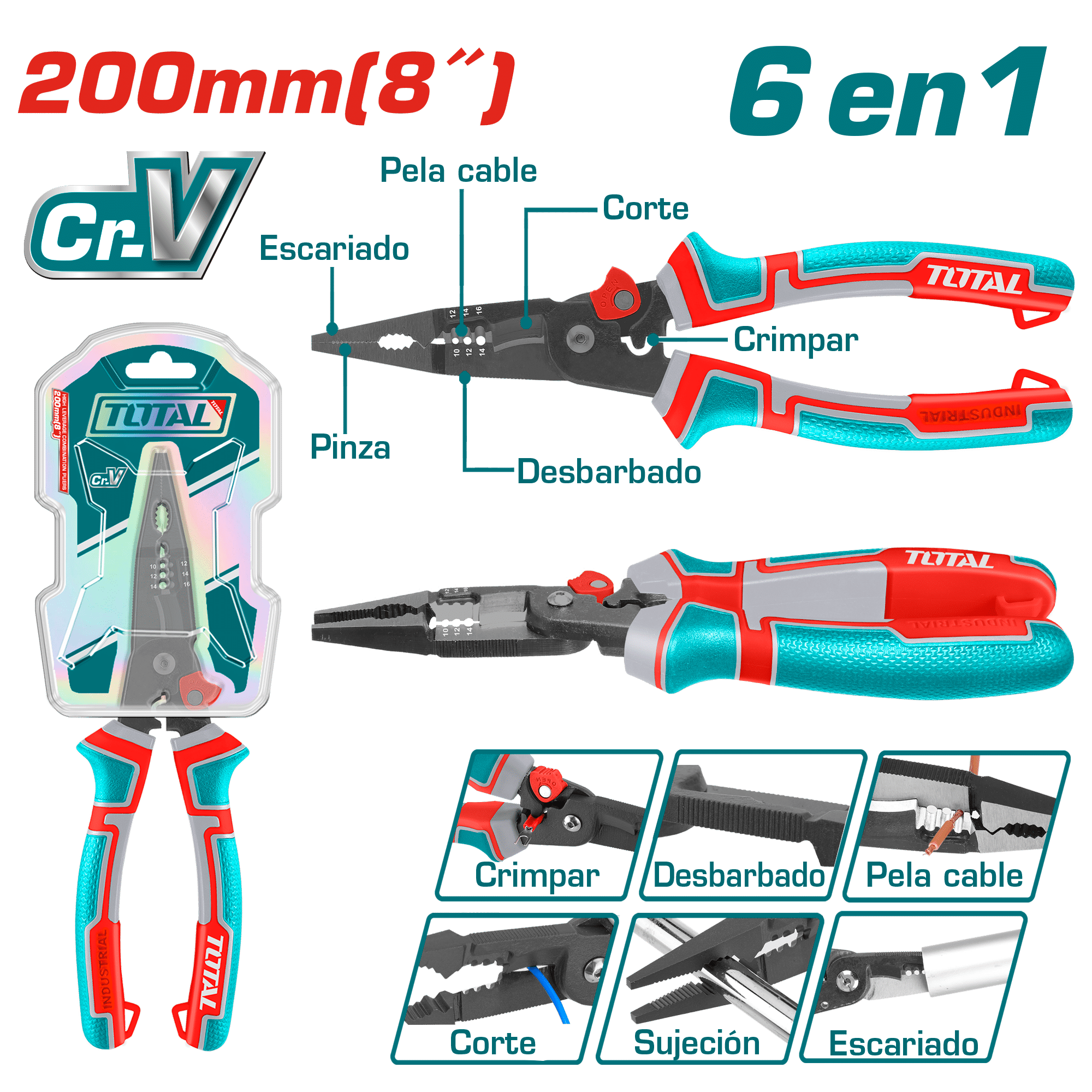 ALICATE DE COMBINACION 8'' 200MM (6 EN 1) CR-V+TEFLON INDUSTRIAL