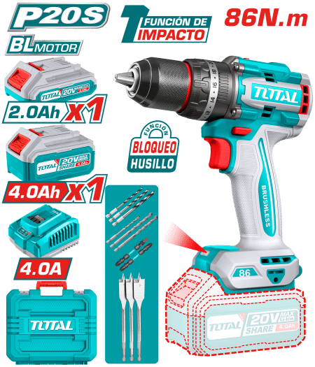 TALADRO PERCUTOR LI-ION 20V 86NM 13MM 2.AH + 4.0AH BRUSHLESS +ACC MALETIN INDUSTRIAL