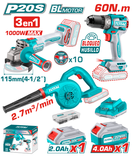 COMBO TALADRO 60NM + AMOLADORA 1000W + SOPLADORA 1X2.0AH + 1X4.0AH + ACC INDUSTRIAL