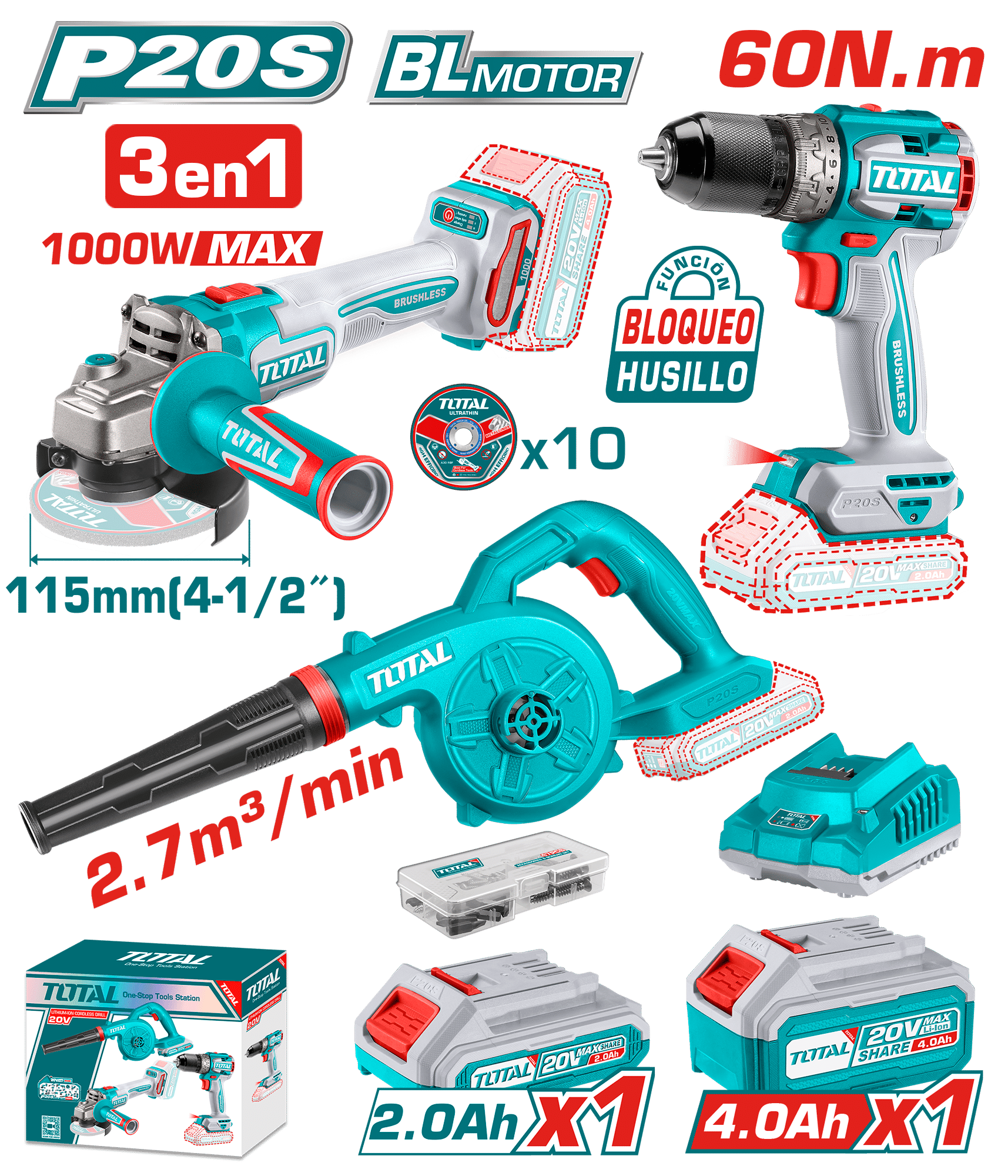 COMBO TALADRO 60NM + AMOLADORA 1000W + SOPLADORA 1X2.0AH + 1X4.0AH + ACC INDUSTRIAL