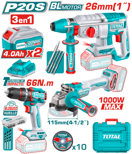 COMBO TALADRO 66NM + AMOLADORA 1000W + ROTOMARTILLO 26MM 2X4.0AH + ACC INDUSTRIAL