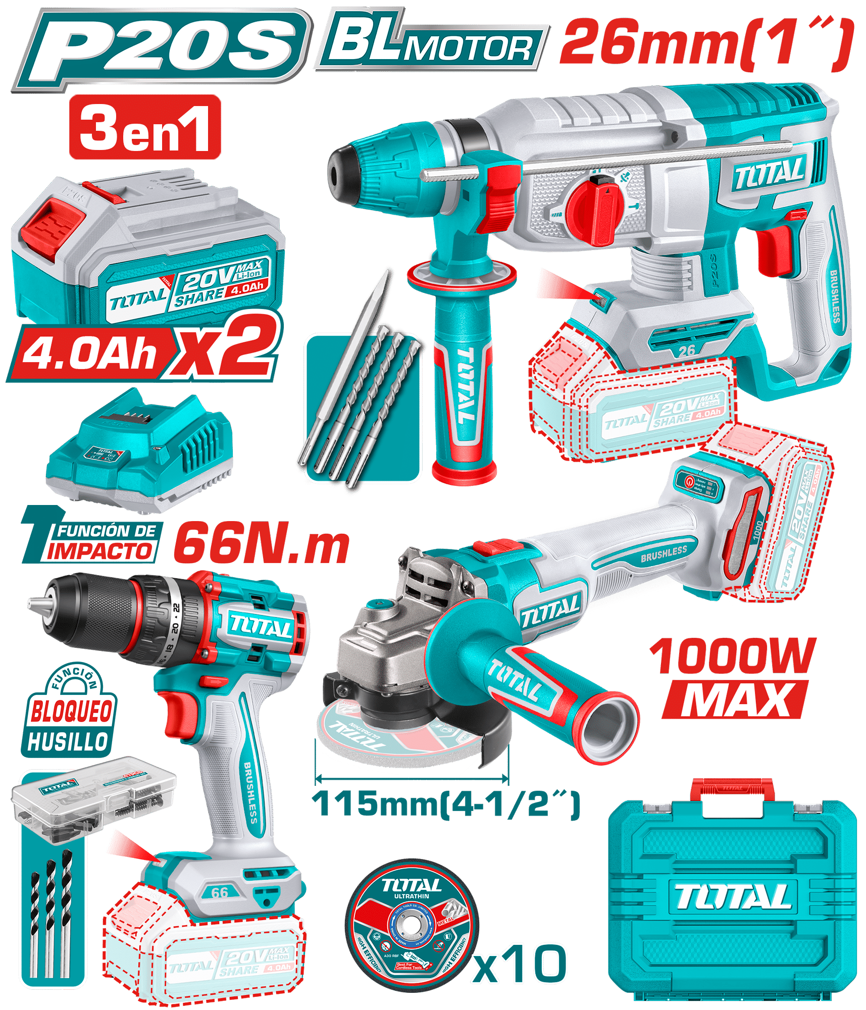 COMBO TALADRO 66NM + AMOLADORA 1000W + ROTOMARTILLO 26MM 2X4.0AH + ACC INDUSTRIAL