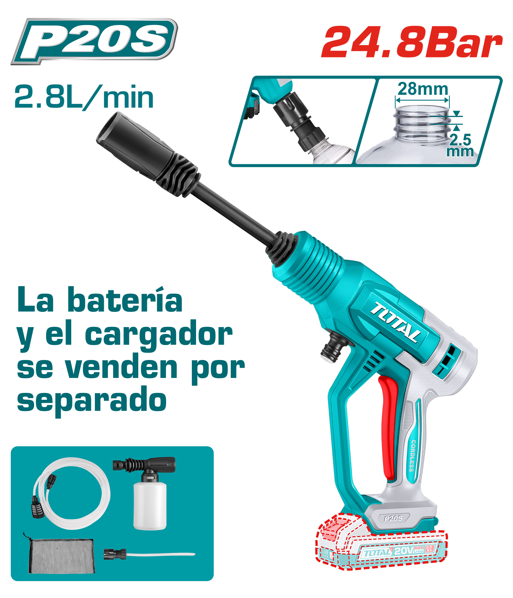 LAVADORA PRESION LI-ION 20V 24.8BAR 2.8L/MIN + ACC