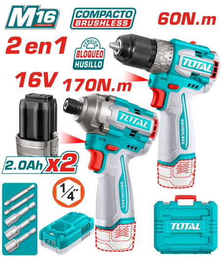 COMBO TALADRO 16V 60NM + DESTORNILLADOR IMPACTO 170NM 2X2.0AH + ACC + MALETIN INDUSTRIAL