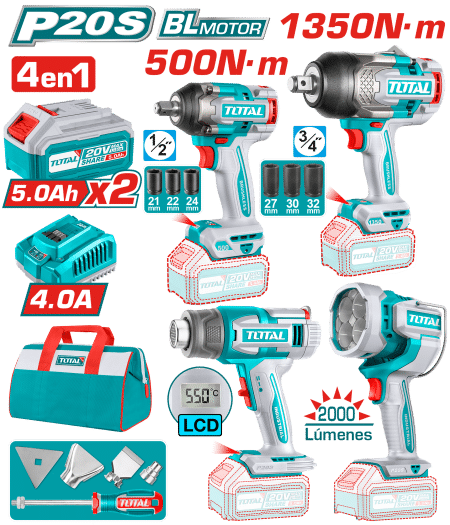 COMBO 20V LLAVE IMPACTO + PISTOLA CALOR + LINTERNA + MALETIN 2X5.0AH INDUSTRIAL EDIC.LIMITADA