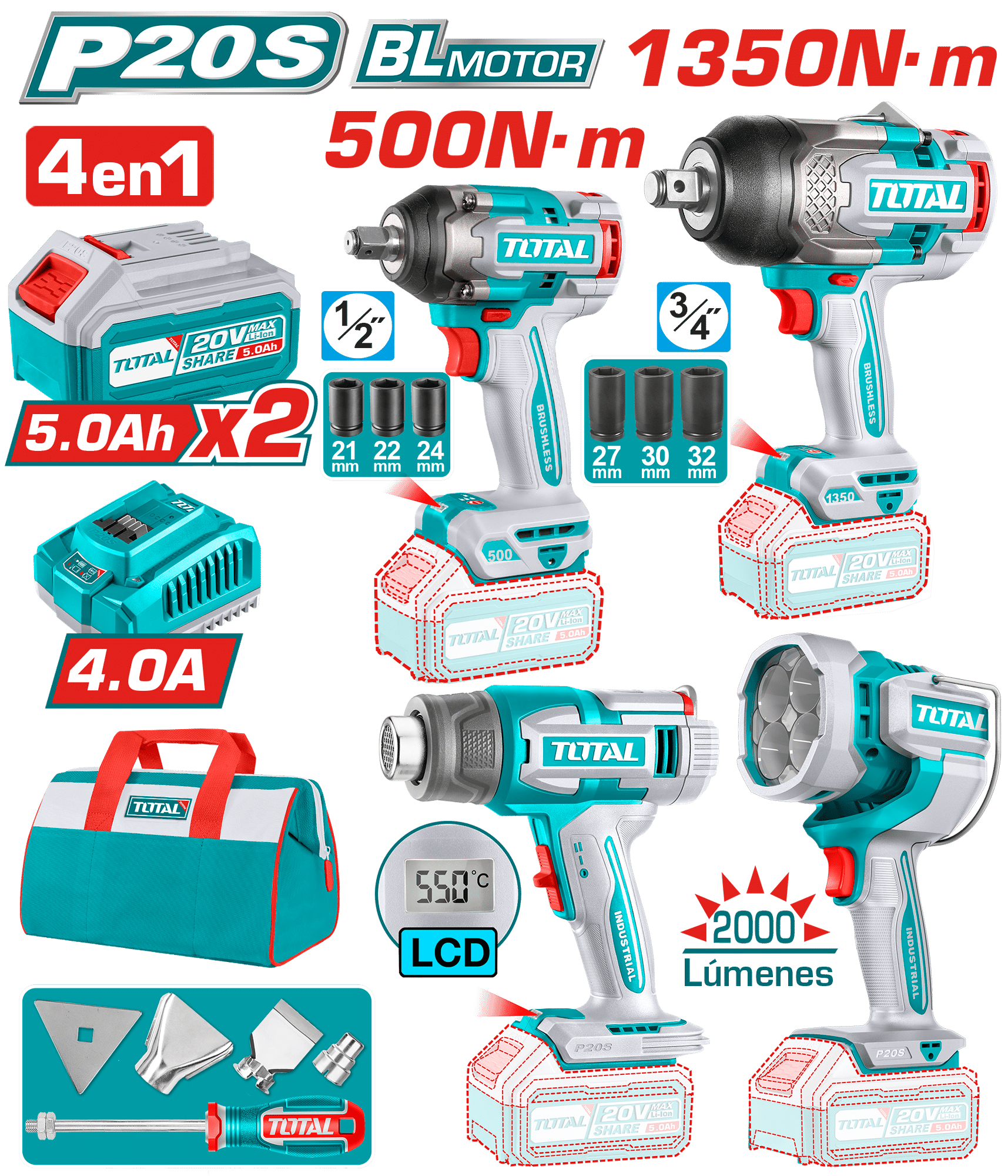 COMBO 20V LLAVE IMPACTO + PISTOLA CALOR + LINTERNA + MALETIN 2X5.0AH INDUSTRIAL EDIC.LIMITADA