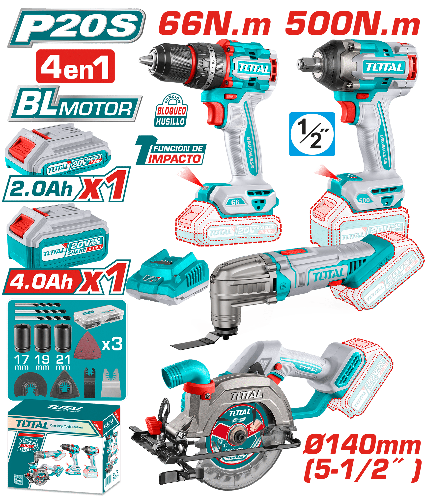 COMBO 20V TALADRO + LLAVE IMPACTO + MULTI H. + SIERRA 1X2.0AH + 1X4.0AH INDUSTRIAL EDIC.LIMITADA