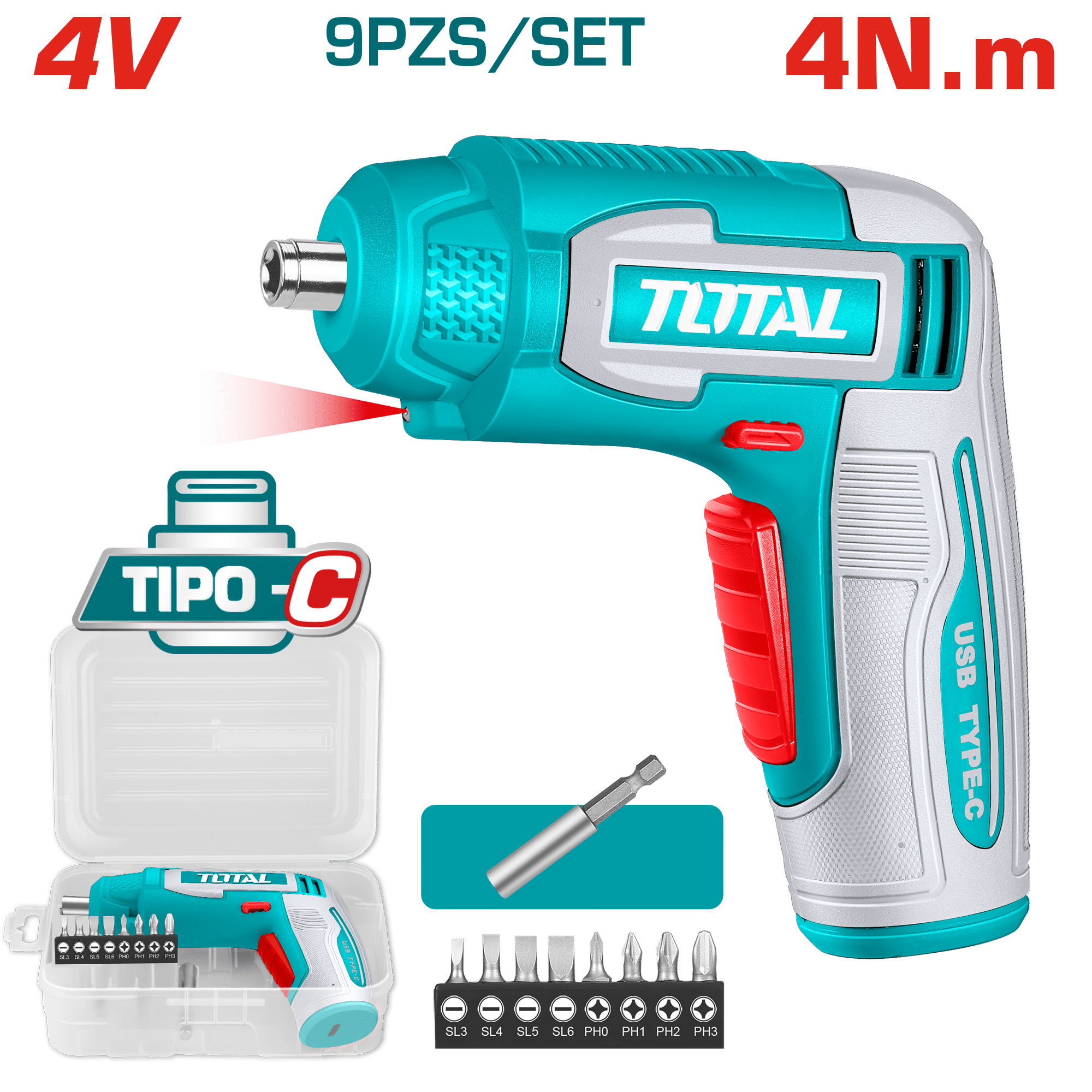 DESTORNILLADOR TIPO-C 4V HEX 1/4'' 240RPM 4N.M +ACC ESTUCHE