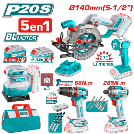 COMBO TALADRO+LLAVE IMPACTO + SIERRA+ LINTERNA + LIJADORA 20V 2.0AH + 4.0AH 5 EN 1 INDUSTRIAL