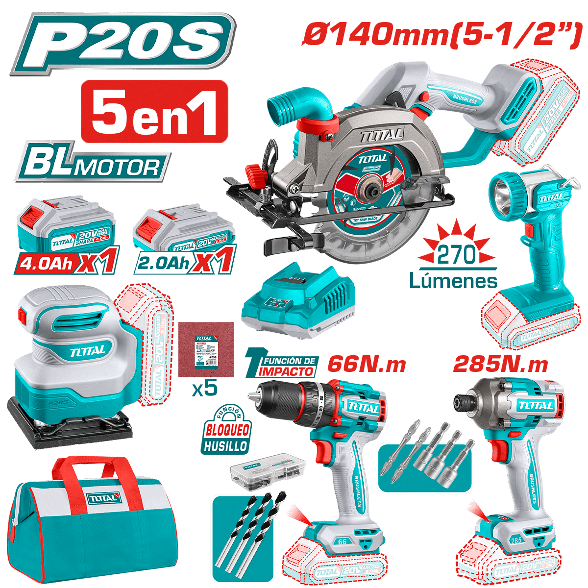 COMBO TALADRO+LLAVE IMPACTO + SIERRA+ LINTERNA + LIJADORA 20V 2.0AH + 4.0AH 5 EN 1 INDUSTRIAL