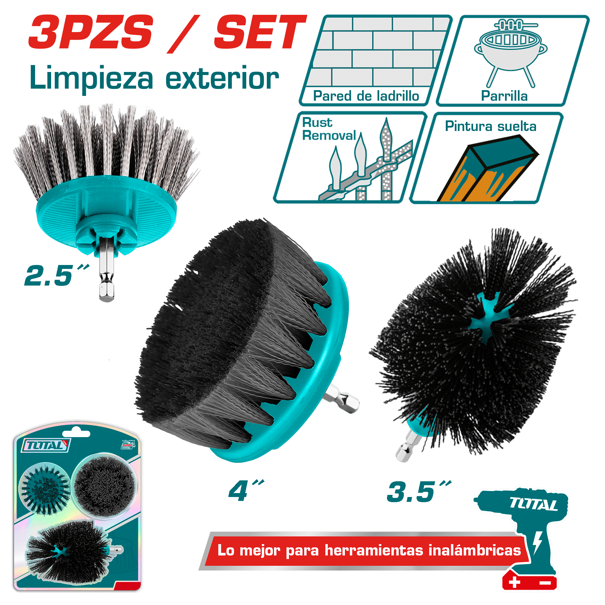 SET DE CEPILLOS MULTIUSOS 1/4'' HEX P/TALADRO 3PCS (INTERMEDIO - DURO) INDUSTRIAL