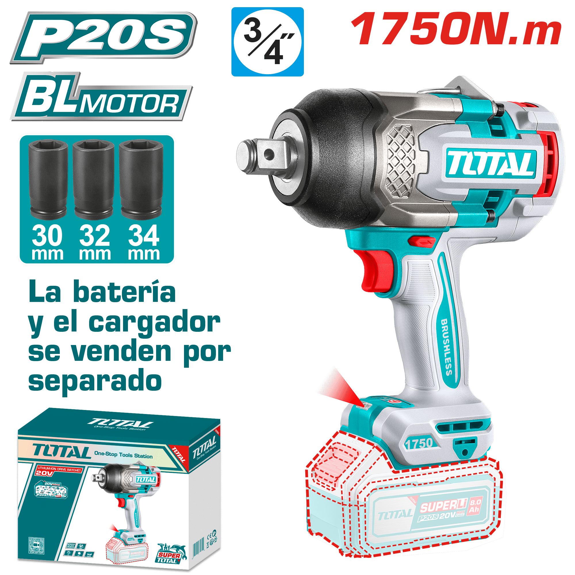 LLAVE IMPACTO BRUSHLESS 20V 1750NM 3/4'' 2200BPM INDUSTRIAL