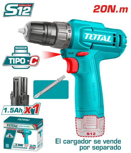 TALADRO 12V S12 20NM 0.8-10MM 0-750RPM 1X1.5AH TIPO C +PUNTA DUAL