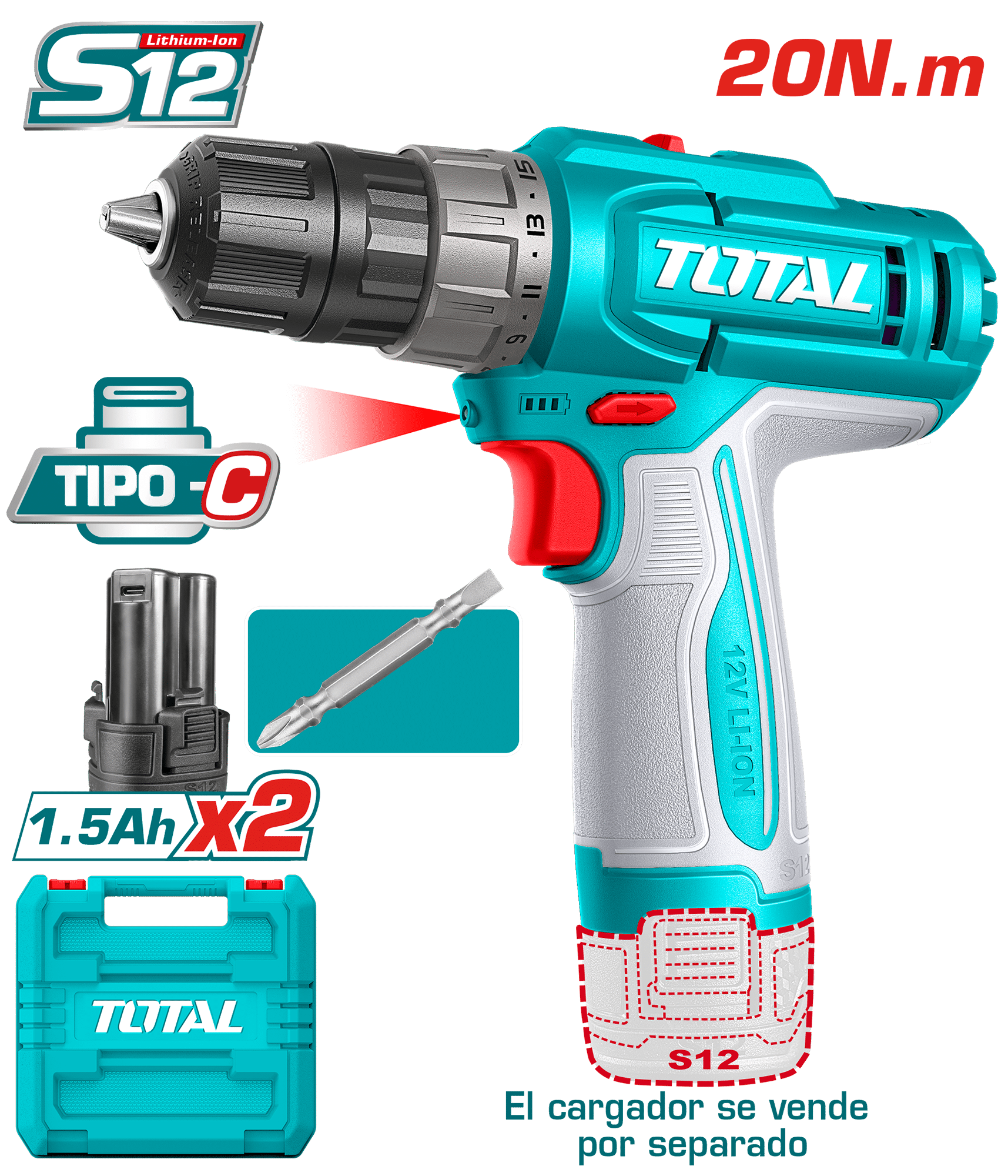 TALADRO 12V S12 20NM 0.8-10MM 0-400/0-1500RPM (15+1) 2X1.5AH TYPE-C + MALETIN