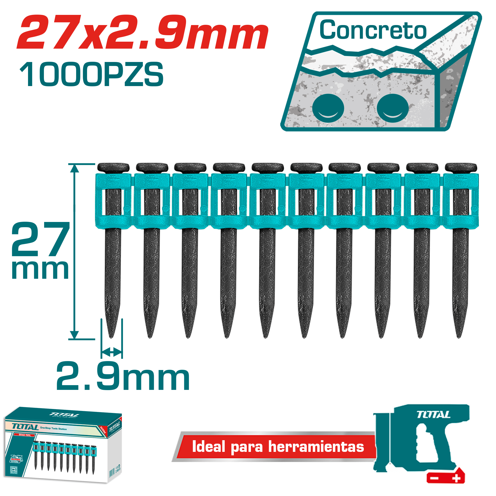 SET CLAVOS DISPARO CONTINUO 27X2.9MM 1000PCS ACERO 60