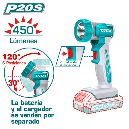 LINTERNA DE TRABAJO 20V LED:8W P20S 450LUM GIRO 120º INDUSTRIAL