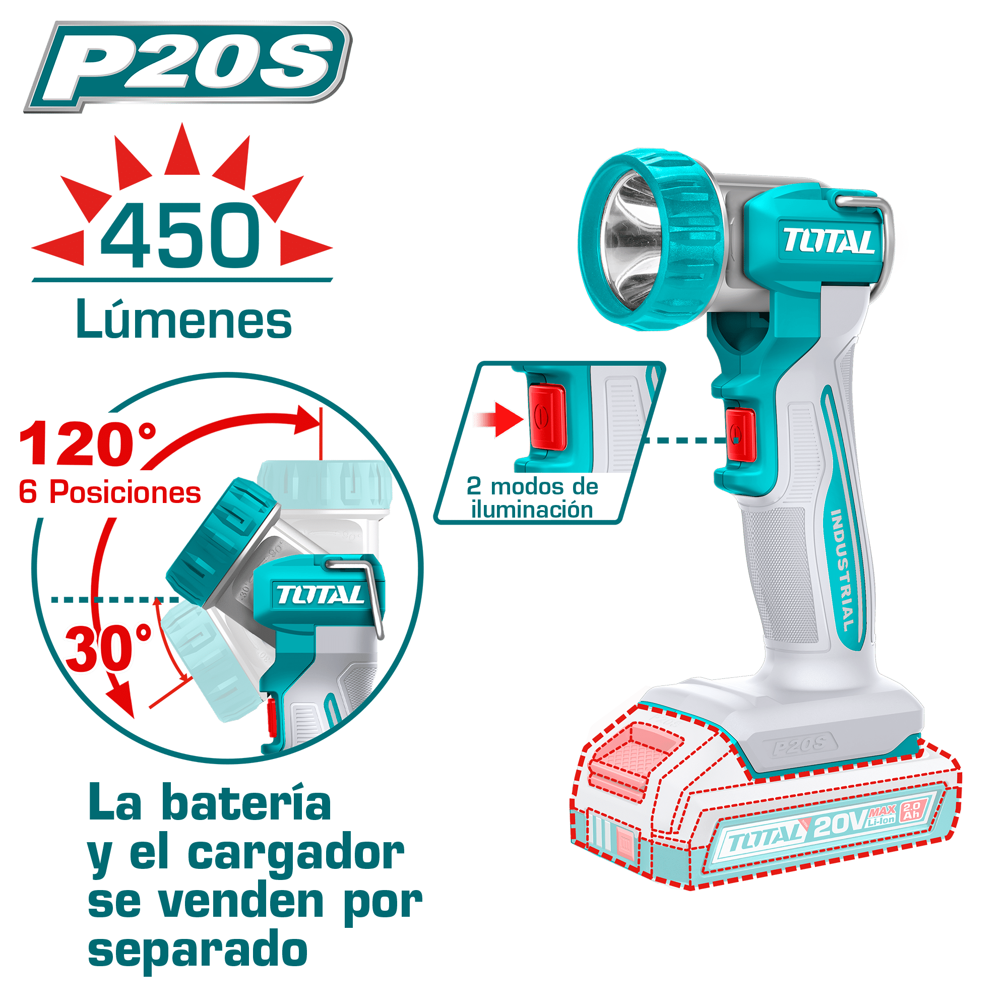 LINTERNA DE TRABAJO 20V LED:8W P20S 450LUM GIRO 120º INDUSTRIAL