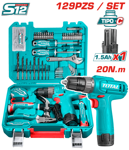 KIT TALADRO 12V TIPO-C 20NM 1X1.5AH + HERRAMIENTAS MALETIN (129PCS)