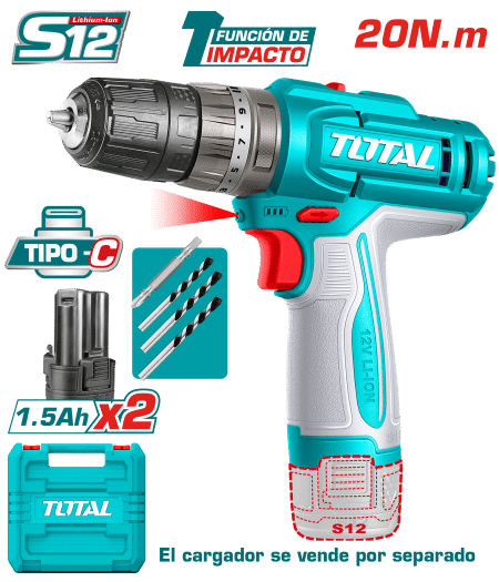 TALADRO PERCUTOR 12V S12 20NM 22500BPM 0.8-10MM 2X1.5AH TIPO C S/CARGADOR M/PLASTICO