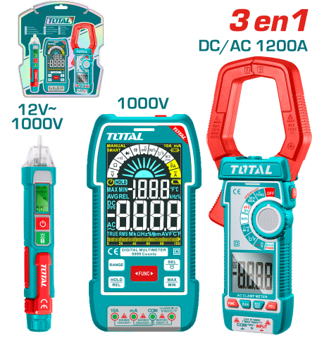 SET (3 EN 1) MULTITESTER + DETECTOR VOLTAJE + PINZA AMPERIMETRICA (ONE TIME) INDUSTRIAL
