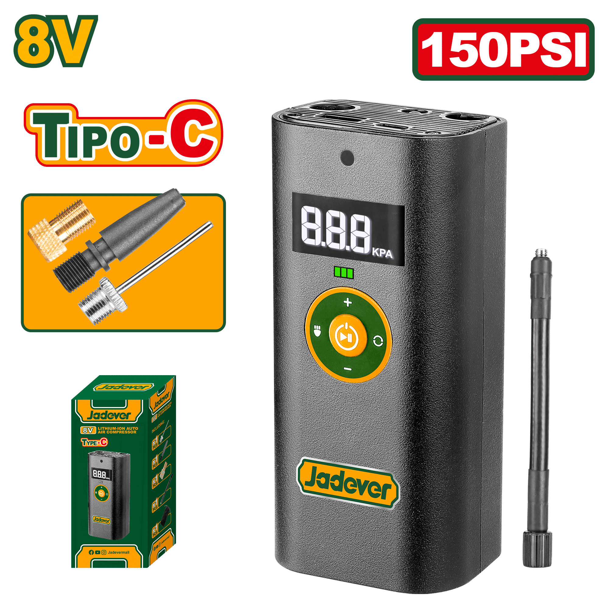 MINICOMPRESORA DIGITAL 8V TIPO-C 150PSI 6L/MIN