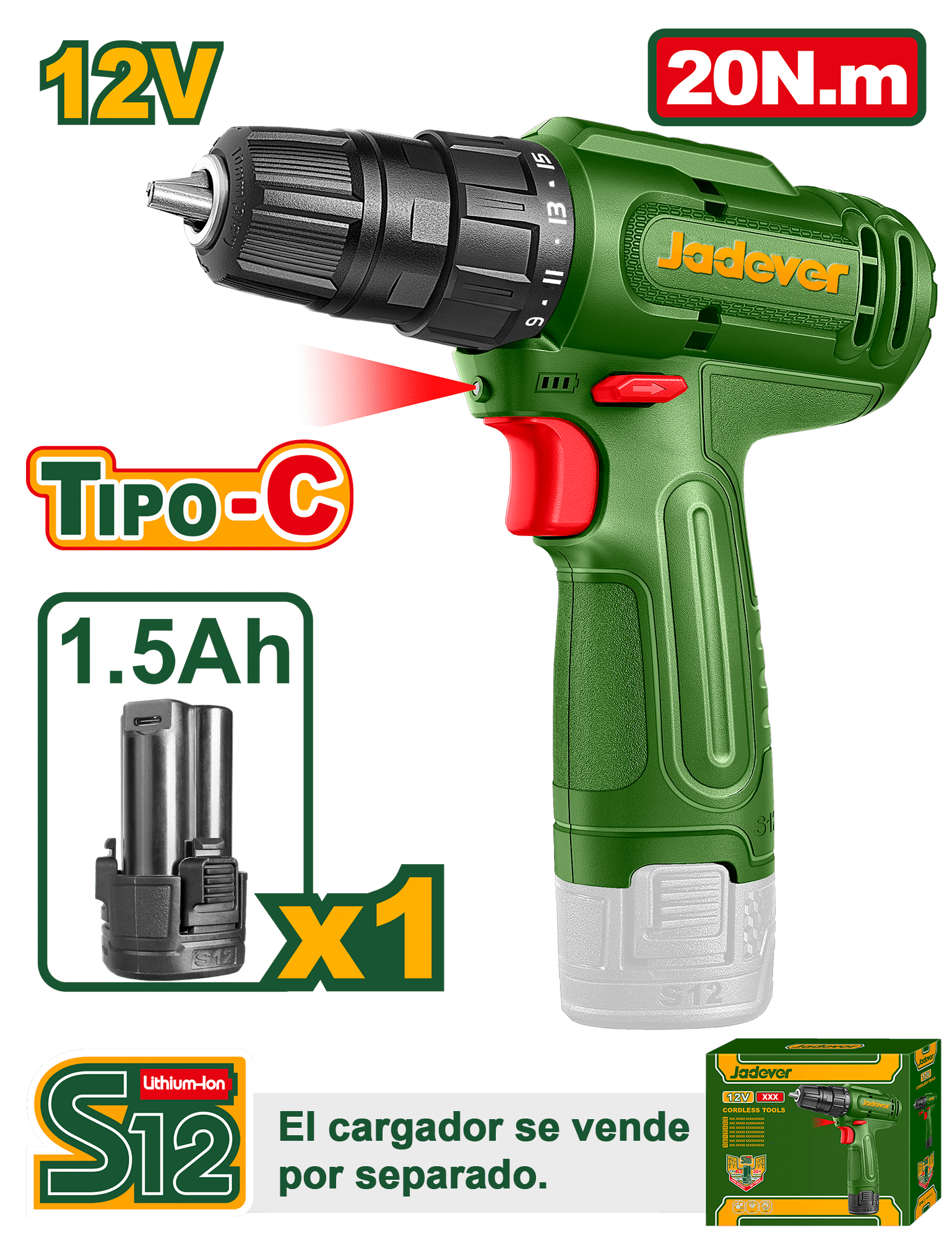 TALADRO 12V 20NM 0.8-10MM 0-750RPM 1X1.5AH TIPO C