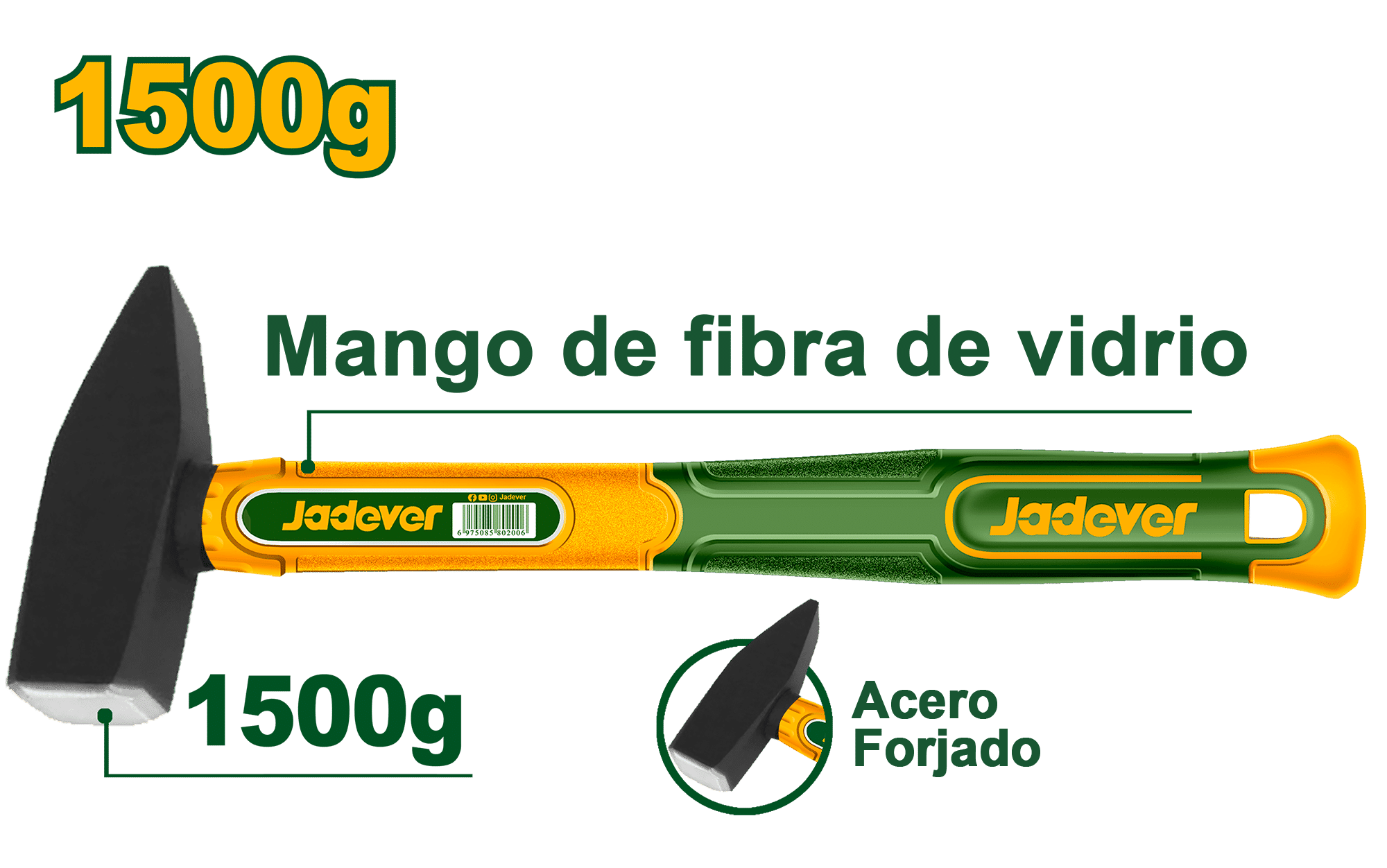 MARTILLO MECANICO MANGO FIBRA DE VIDRIO 1500G 45-ACERO CARBON