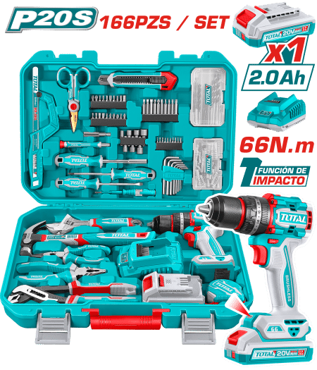 COMBO TALADRO PERCUTOR 20V 66NM + HERRAMIENTAS (166PCS) + 1X2.0AH INC MALETIN INDUSTRIAL