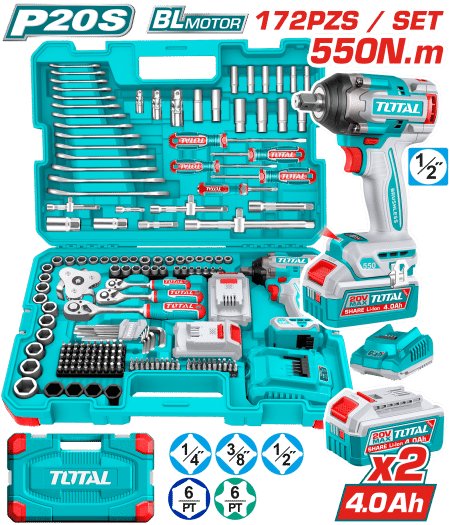 SET LLAVE IMPACTO 550NM 2X4.0AH + HERRAMIENTAS (172 PIEZAS) + MALETIN INDUSTRIAL