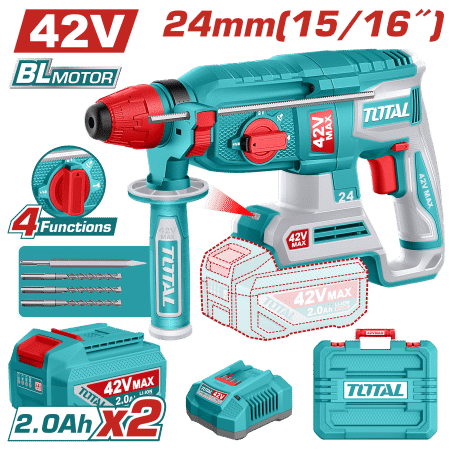 ROTOMARTILLO SDS+ 42V 24MM 2.4J 0-4900BPM BRUSHLESS 2X2.0AH +ACC MALETIN INDUSTRIAL