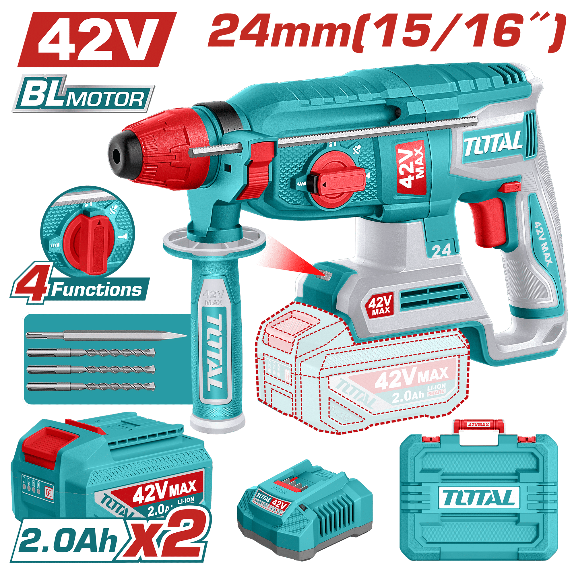 ROTOMARTILLO SDS+ 42V 24MM 2.4J 0-4900BPM BRUSHLESS 2X2.0AH +ACC MALETIN INDUSTRIAL