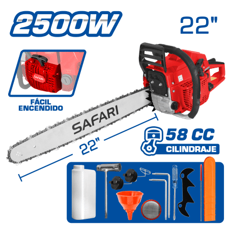 MOTOSIERRA GASOLINERA 58CC 2500W M:2-TIEMPOS ESP: 22” + ACC