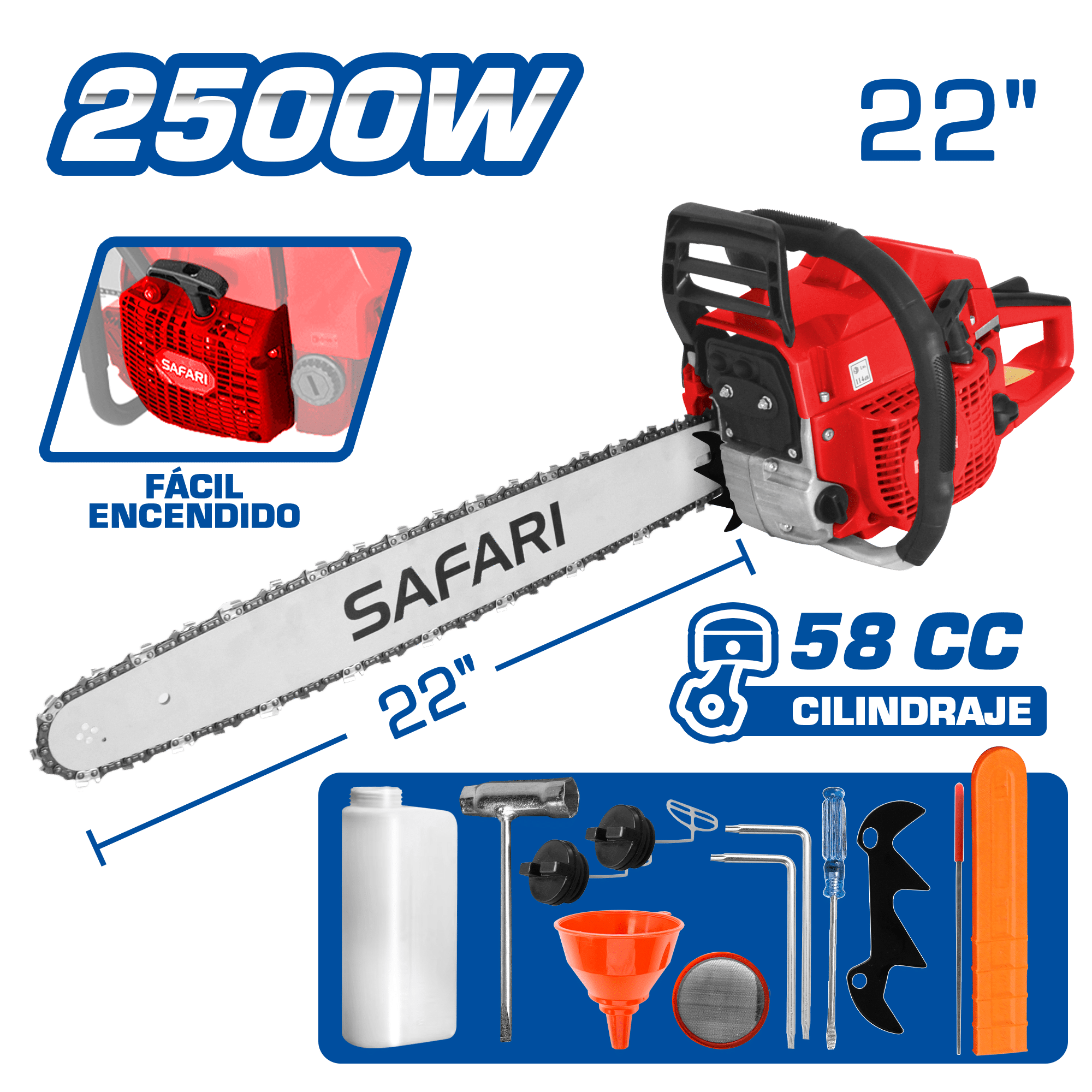 MOTOSIERRA GASOLINERA 58CC 2500W M:2-TIEMPOS ESP: 22” + ACC