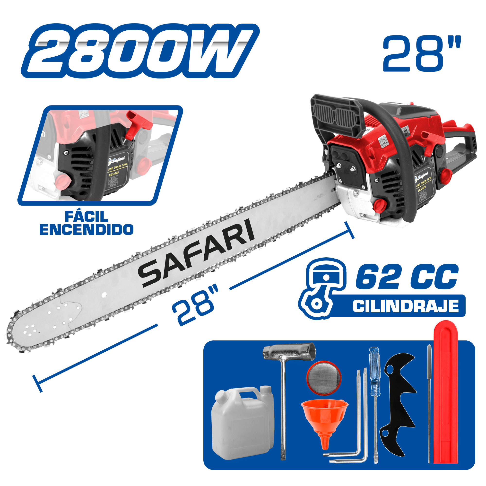 MOTOSIERRA GASOLINERA 62CC 2800W M:2-TIEMPOS ESP: 28” + ACC