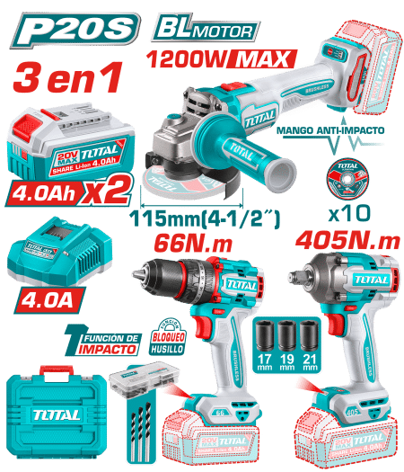 COMBO 3EN1 20V TALADRO 66NM + LLAVE 405NM + AMOLADORA 1200W 2X4.0AH + ACC MALETIN INDUSTRIAL