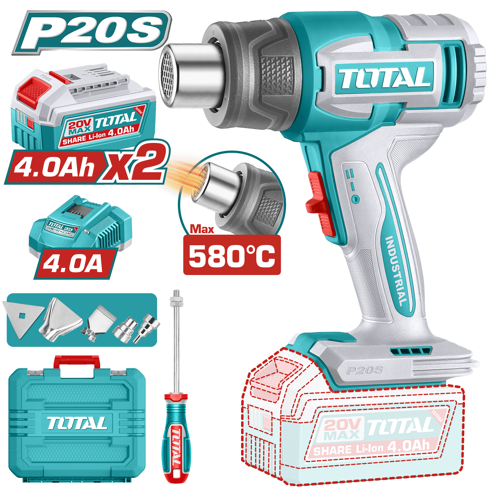 PISTOLA CALOR 20V 30-580C 100/200 L/MIN 2X4.0AH +ACC MALETIN INDUSTRIAL