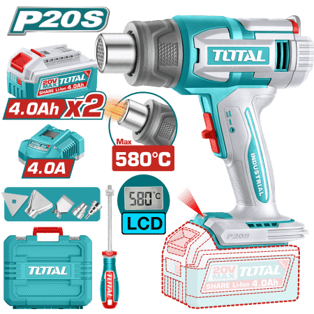 PISTOLA CALOR 20V 30-580C LCD 100/200 L/MIN 2X4.0AH +ACC MALETIN INDUSTRIAL