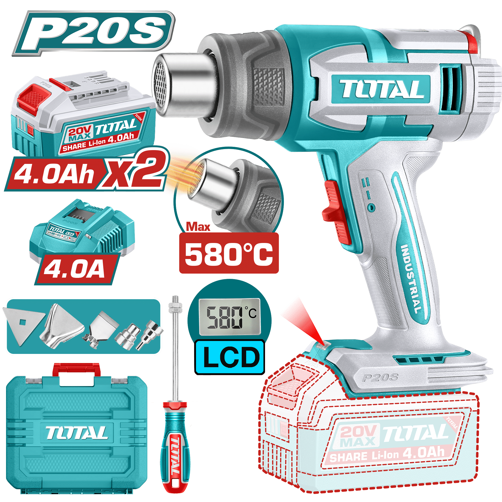 PISTOLA CALOR 20V 30-580C LCD 100/200 L/MIN 2X4.0AH +ACC MALETIN INDUSTRIAL