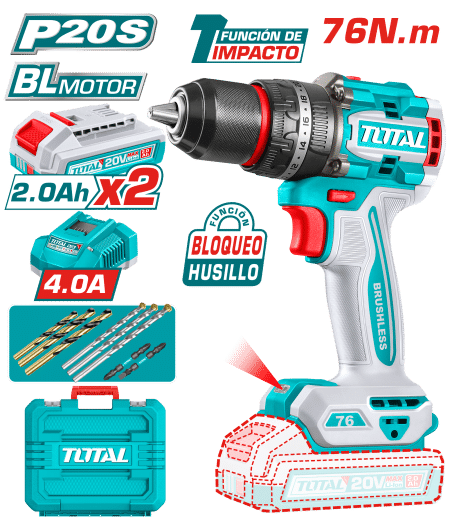 TALADRO PERCUTOR 20V BL 76NM 13MM 2X2.0AH +ACC MALETIN INDUSTRIAL