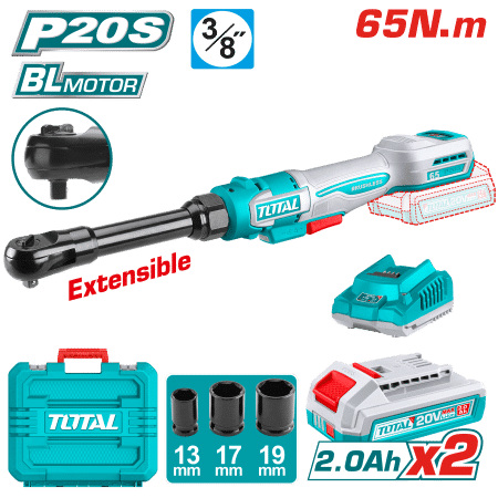 ATORNILLADOR RATCHET EXTENDIDO 20V 65NM 3/8'' 0-350RPM 2X2.0AH +ACC INDUSTRIAL