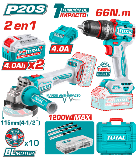 COMBO 2EN1 20V TALADRO 66NM + AMOLADORA 1200W 2X4.0AH + ACC MALETIN INDUSTRIAL