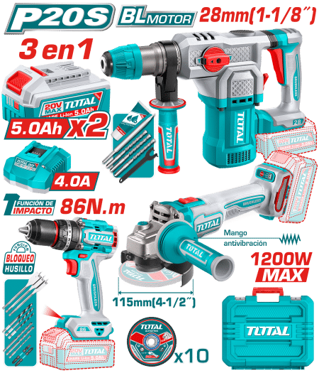 COMBO (3EN1) 20V TALADRO P + ROTOMARTILLO 28 + AMOLADORA 2X5.0AH + ACCESORIOS INDUSTRIAL