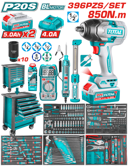 SET GABINETE 7 CAJONES + HERRAMIENTAS + LLAVE IMPACTO 20V 850NM 396PCS INDUSTRIAL