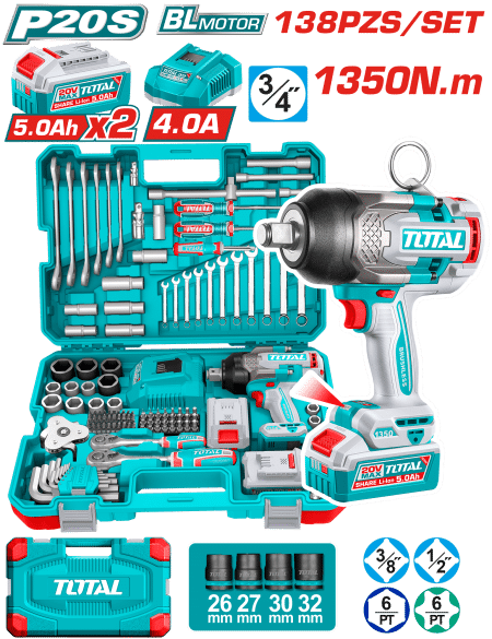 SET LLAVE IMPACTO 1350NM 2X5.0AH 138PCS INC. HERRAMIENTAS MALETIN INDUSTRIAL