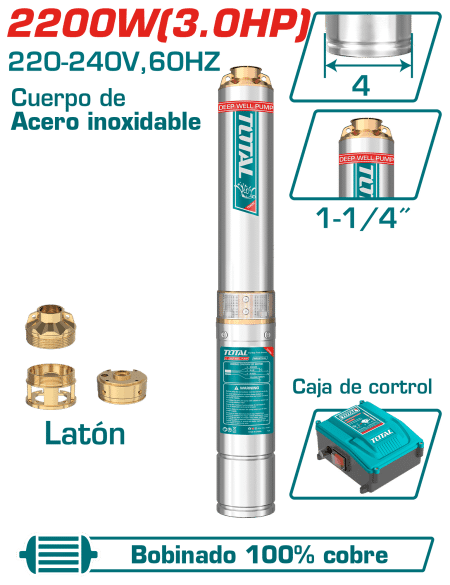 BOMBA SUMERGIBLE POZO 4'' 3.0HP H:180M C:6.7M3/H ACERO INOX INC. CONTROL