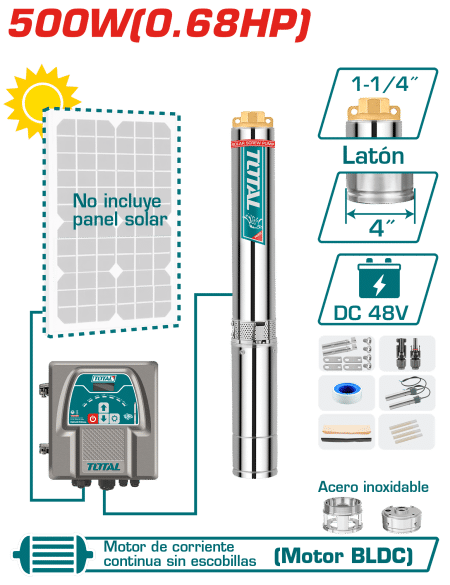 BOMBA SUMERGIBLE POZO 4'' 0.68HP DC48V H:78M C:4.0M3/H ACERO INOX SOLAR