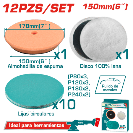 SET DISCOS DE PULIDO ALGODO+ESPUMA D:150MM 12PCS INDUSTRIAL