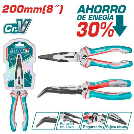 PINZA DE FUERZA PUNTA LARGA CURVA 8'' 200MM CR-V / TPR MEJ: 30% INDUSTRIAL