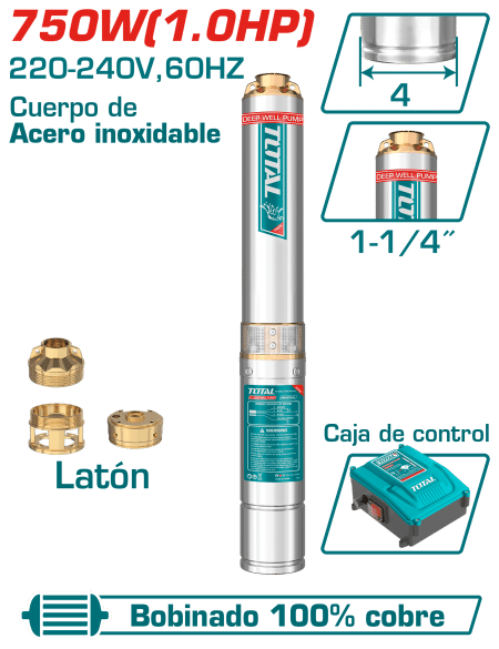 BOMBA SUMERGIBLE POZO 4' 1.0HP H:80M C:6.7M3/H ACERO INOX INC CONTROL