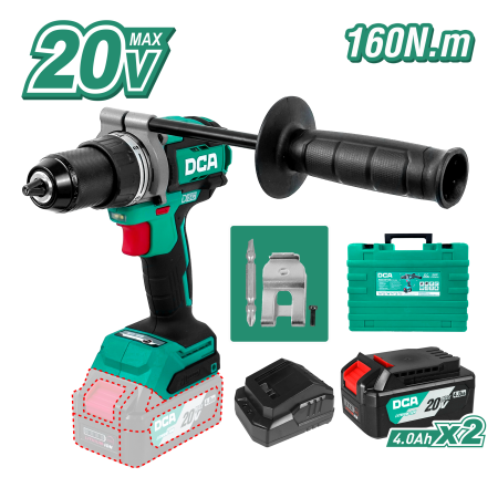 TALADRO PERCUTOR 20V BRUSHLESS 13MM 160N.M (19+2) B:2X4.0AH MALETIN